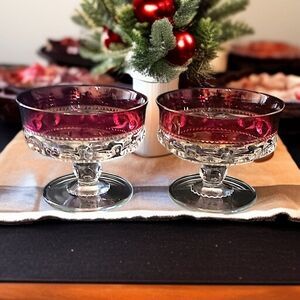 2 Kings Crown Thumbprint Sherbet Dishes Dish‎ Set Ruby Red Flash Indiana Glass